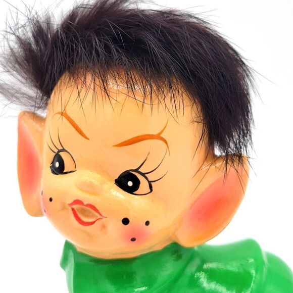 RARE Pristine 1950's Crawling Green Pixie Elf Pointy Ear Real Fur Hair Figurine - Picture 2 of 16